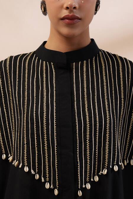 Buy_Kyra By Bhavna_Black Satin, Voile, Viscose Beads, Embroidery Mandarin Dori Work Jacket Set _Online_at_Aza_Fashions