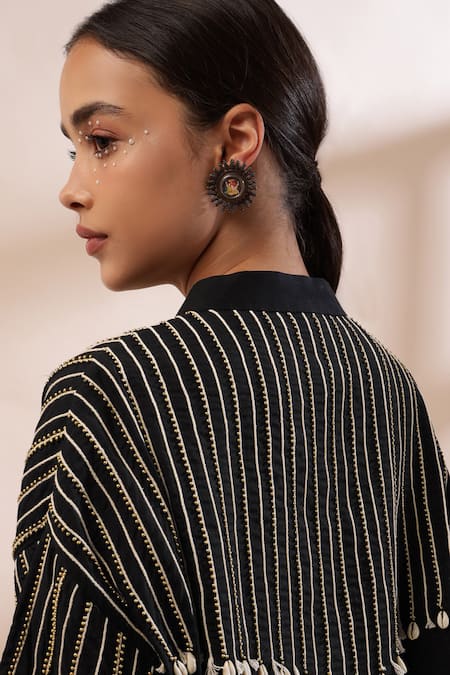 Shop_Kyra By Bhavna_Black Satin, Voile, Viscose Beads, Embroidery Mandarin Dori Work Jacket Set _Online_at_Aza_Fashions