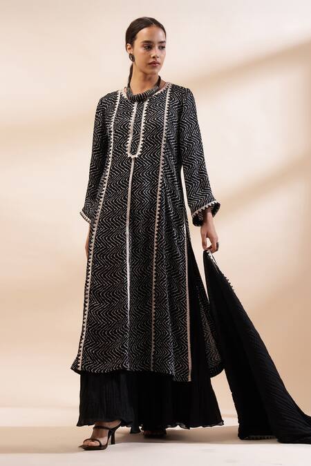 Kyra By Bhavna_Black Viscose, Satin, Cotton, Voile Embroidery, Lace Zig Zag Print Kurta Set _Online_at_Aza_Fashions