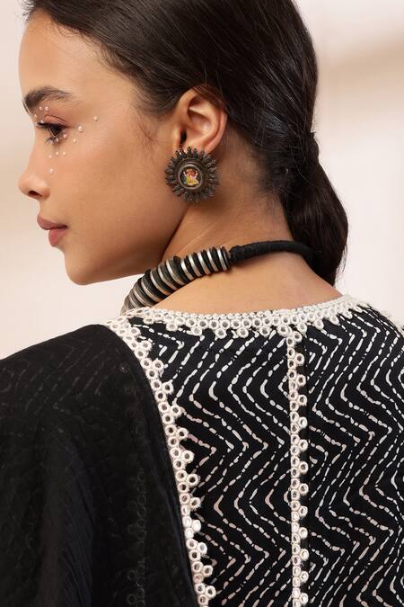 Shop_Kyra By Bhavna_Black Viscose, Satin, Cotton, Voile Embroidery, Lace Zig Zag Print Kurta Set _Online_at_Aza_Fashions