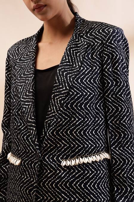 Kyra By Bhavna_Black Viscose, Satin, Cotton Structured And White Printed Blazer Set _Online_at_Aza_Fashions