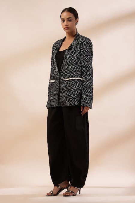 Buy_Kyra By Bhavna_Black Viscose, Satin, Cotton Structured And White Printed Blazer Set _Online_at_Aza_Fashions