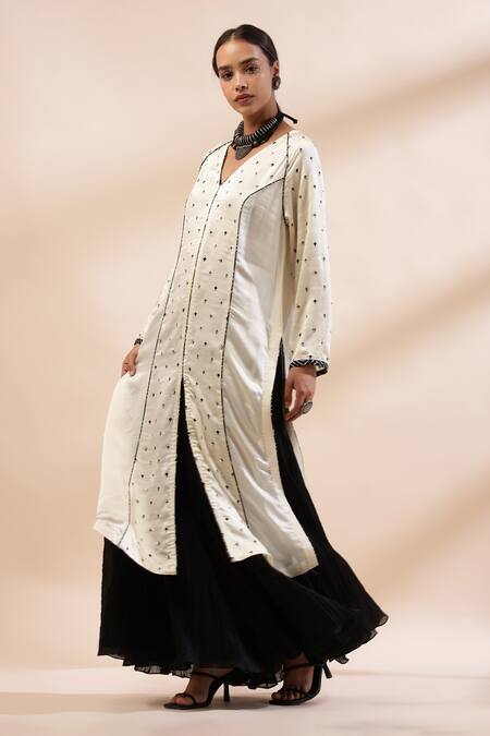 Kyra By Bhavna_Ivory Viscose, Satin, Cotton, Voile Zari, Stones V-neck Embroidered Kurta Set _Online_at_Aza_Fashions
