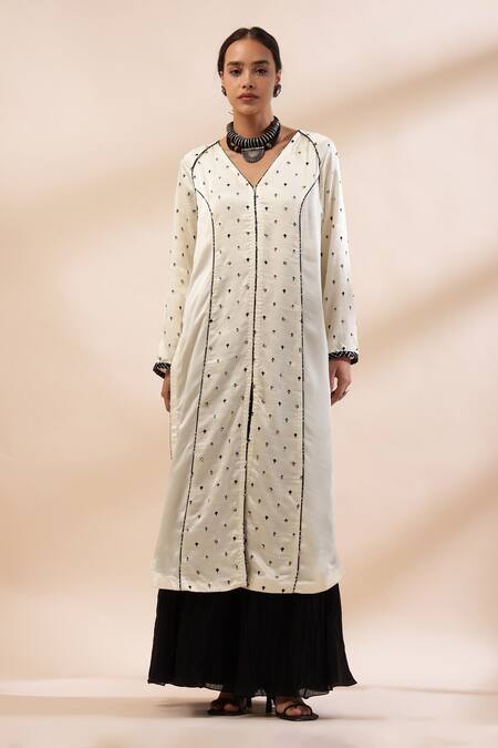 Buy_Kyra By Bhavna_Ivory Viscose, Satin, Cotton, Voile Zari, Stones V-neck Embroidered Kurta Set _Online_at_Aza_Fashions