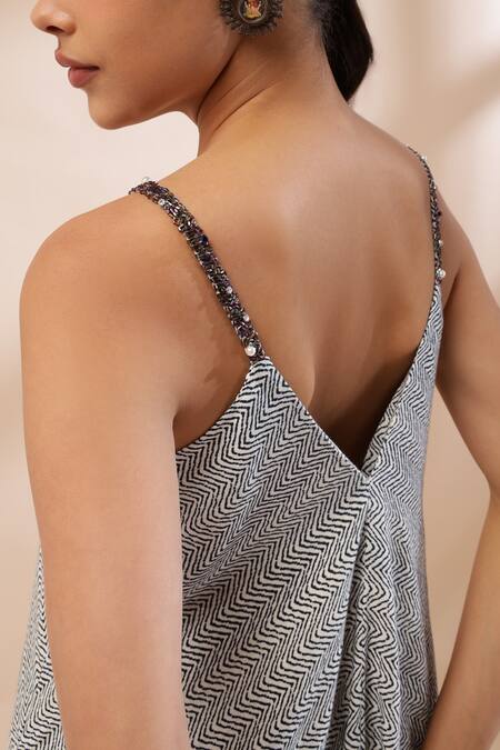 Kyra By Bhavna_Black Cotton, Linen Beads, Embroidery V-neck Zig Zag Print Maxi Dress _Online_at_Aza_Fashions