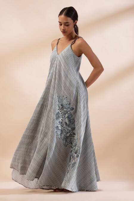 Kyra By Bhavna_Black Cotton, Linen Beads, Embroidery V-neck Zig Zag Print Maxi Dress _at_Aza_Fashions