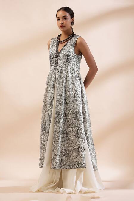 Kyra By Bhavna_Ivory Viscose, Satin, Cotton, Voile Beads, Pearls, Black Paisley Print Kurta Set _Online_at_Aza_Fashions