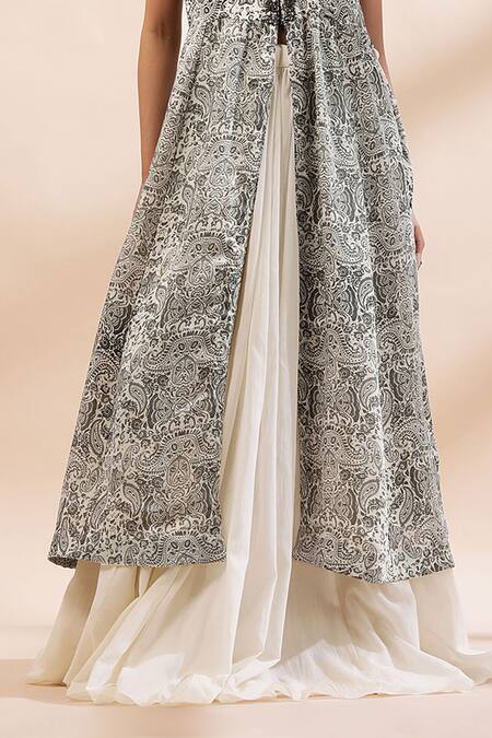 Shop_Kyra By Bhavna_Ivory Viscose, Satin, Cotton, Voile Beads, Pearls, Black Paisley Print Kurta Set _Online_at_Aza_Fashions