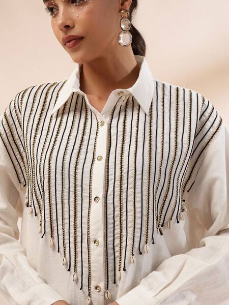 Kyra By Bhavna_White Cotton, Linen Beads Collared Ivory Black Zig Zag Print Shirt And Pant Set _Online_at_Aza_Fashions
