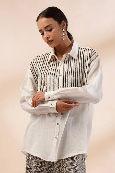 Buy_Kyra By Bhavna_White Cotton, Linen Beads Collared Ivory Black Zig Zag Print Shirt And Pant Set _Online_at_Aza_Fashions