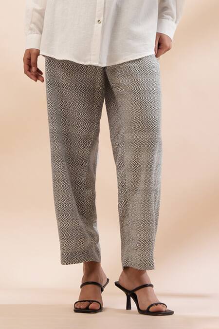 Shop_Kyra By Bhavna_White Cotton, Linen Beads Collared Ivory Black Zig Zag Print Shirt And Pant Set _Online_at_Aza_Fashions