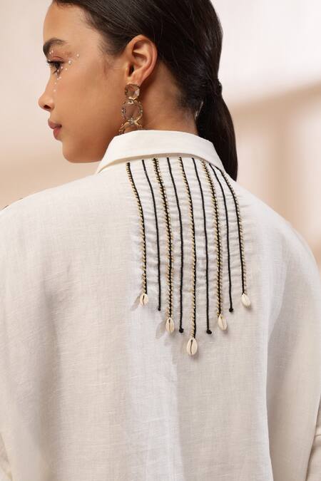 Kyra By Bhavna_White Cotton, Linen Beads Collared Ivory Black Zig Zag Print Shirt And Pant Set _at_Aza_Fashions