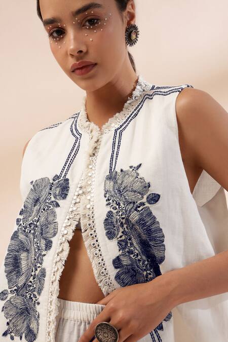 Kyra By Bhavna_Ivory Cotton, Linen Embroidery Round Neck Floral Jacket Set _Online_at_Aza_Fashions