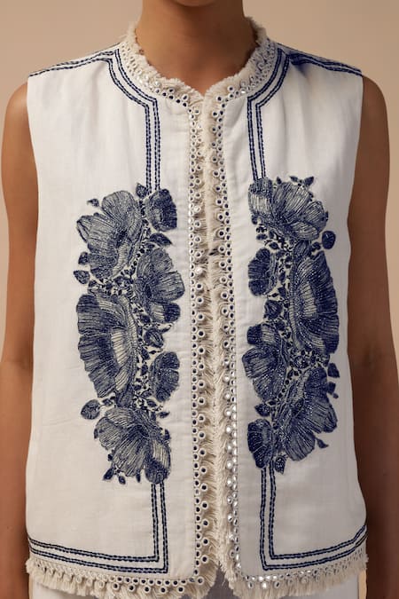 Buy_Kyra By Bhavna_Ivory Cotton, Linen Embroidery Round Neck Floral Jacket Set _Online_at_Aza_Fashions