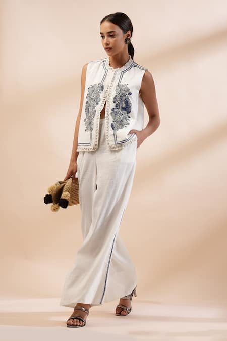 Shop_Kyra By Bhavna_Ivory Cotton, Linen Embroidery Round Neck Floral Jacket Set _Online_at_Aza_Fashions