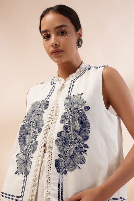 Kyra By Bhavna_Ivory Cotton, Linen Embroidery Round Neck Floral Jacket Set _at_Aza_Fashions