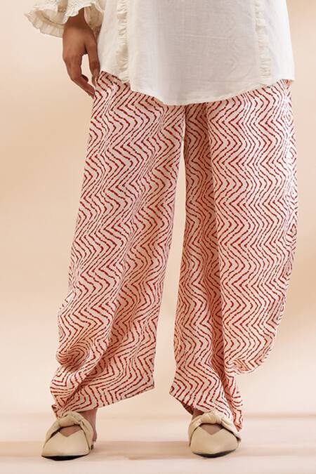 Kyra By Bhavna_Ivory Cotton, Linen, Viscose, Satin Lace Split Zig Zag Rust Printed Kurta Set _Online_at_Aza_Fashions