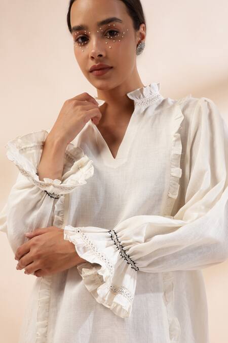 Shop_Kyra By Bhavna_Ivory Cotton, Linen, Viscose, Satin Lace Split Zig Zag Rust Printed Kurta Set _Online_at_Aza_Fashions