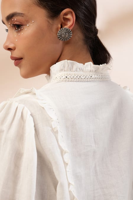 Kyra By Bhavna_Ivory Cotton, Linen, Viscose, Satin Lace Split Zig Zag Rust Printed Kurta Set _at_Aza_Fashions