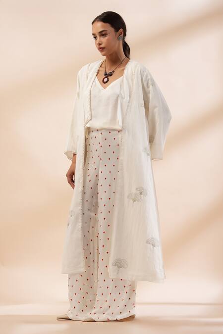 Buy_Kyra By Bhavna_Ivory Viscose, Satin, Cotton, Linen Sequins V-neck, Rust Butta Print Co-ord Set _Online_at_Aza_Fashions