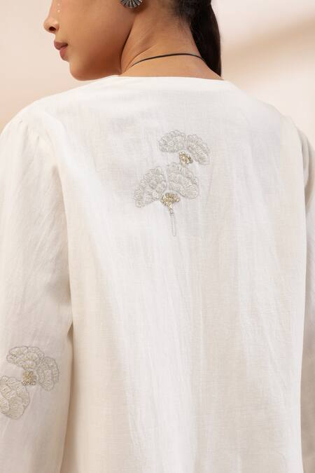 Shop_Kyra By Bhavna_Ivory Viscose, Satin, Cotton, Linen Sequins V-neck, Rust Butta Print Co-ord Set _Online_at_Aza_Fashions