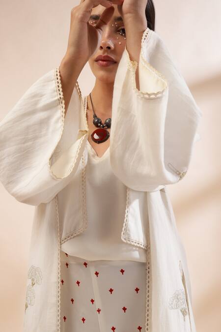 Kyra By Bhavna_Ivory Viscose, Satin, Cotton, Linen Sequins V-neck, Rust Butta Print Co-ord Set _at_Aza_Fashions