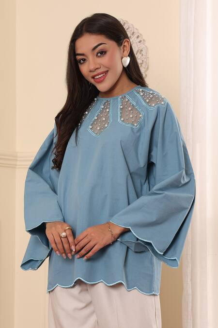 Midori By Sgv_Blue Cotton Embroidery Round Neck Pearl Bell Sleeve Top _Online_at_Aza_Fashions