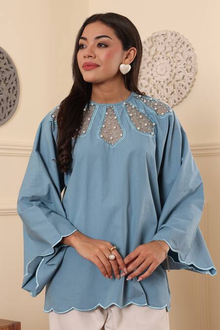Buy_Midori By Sgv_Blue Cotton Embroidery Round Neck Pearl Bell Sleeve Top _Online_at_Aza_Fashions