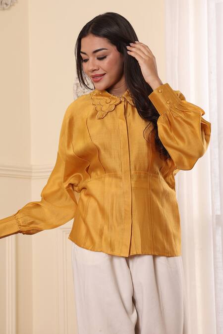 Buy_Midori By Sgv_Mustard Cotton, Silk Cut Work, Sequins Collared Pleated Designer Shirt _Online_at_Aza_Fashions