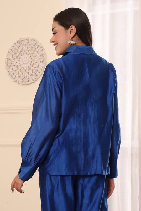 Midori By Sgv_Blue Chanderi Silk Sequins Collared Organza Patchwork Royal Shirt _at_Aza_Fashions