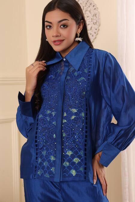 Buy_Midori By Sgv_Blue Chanderi Silk Sequins Collared Organza Patchwork Royal Shirt 