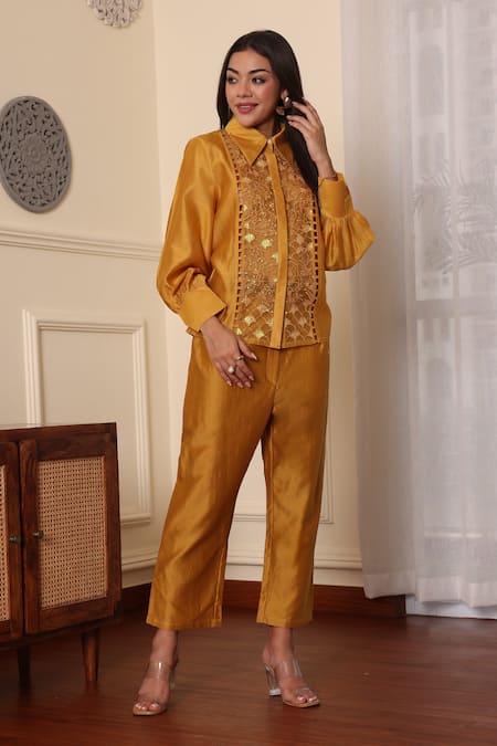 Midori By Sgv_Mustard Cotton, Silk, Chanderi Sequins, Cut Work Double Placket Organza Shirt _Online_at_Aza_Fashions