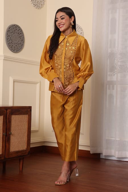 Buy_Midori By Sgv_Mustard Cotton, Silk, Chanderi Sequins, Cut Work Double Placket Organza Shirt _Online_at_Aza_Fashions