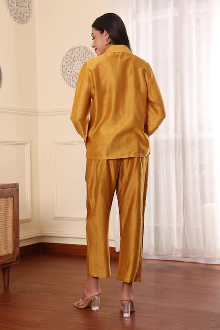 Midori By Sgv Mustard Double Placket Organza Shirt 