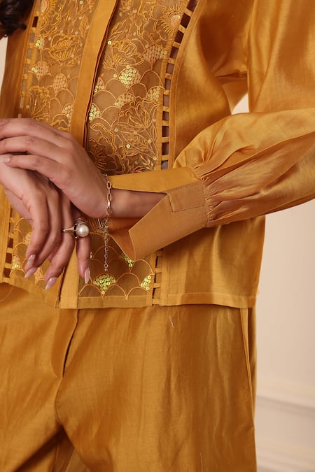 Buy_Midori By Sgv_Mustard Cotton, Silk, Chanderi Sequins, Cut Work Double Placket Organza Shirt 