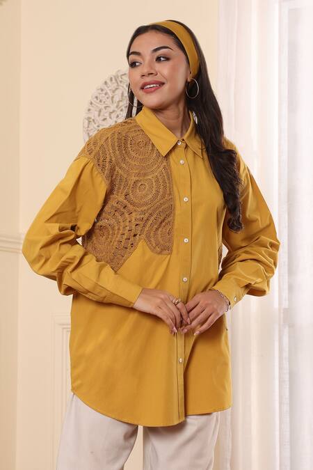 Buy_Midori By Sgv_Mustard Cotton, Silk, Chanderi Embroidery Collared Crochet Patch Shirt _Online_at_Aza_Fashions