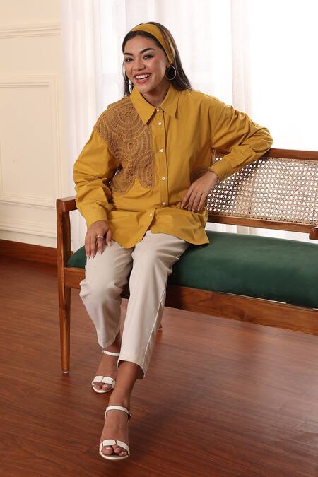 Shop_Midori By Sgv_Mustard Cotton, Silk, Chanderi Embroidery Collared Crochet Patch Shirt _Online_at_Aza_Fashions