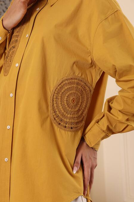 Midori By Sgv_Mustard Cotton, Silk, Chanderi Embroidery Collared Crochet Patch Shirt _at_Aza_Fashions