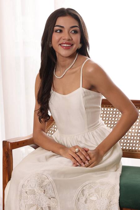 Buy_Midori By Sgv_White Chanderi, Cotton, Silk Pearls, Sequins, Patchwork Embellished Midi Dress _Online_at_Aza_Fashions