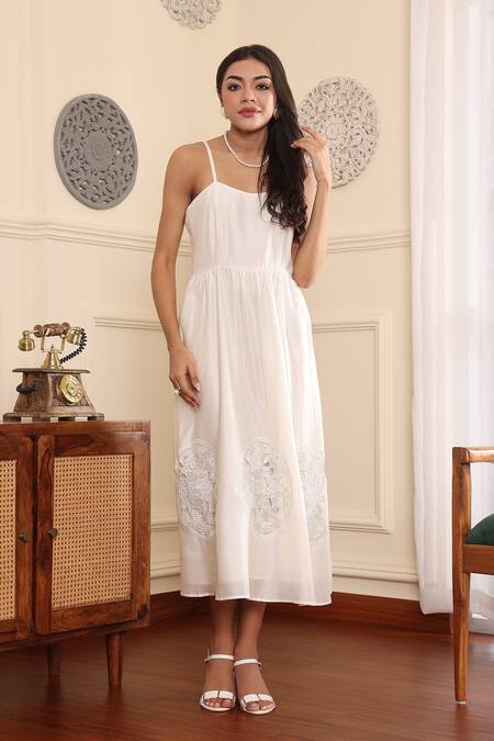 Midori By Sgv_White Chanderi, Cotton, Silk Pearls, Sequins, Patchwork Embellished Midi Dress _at_Aza_Fashions