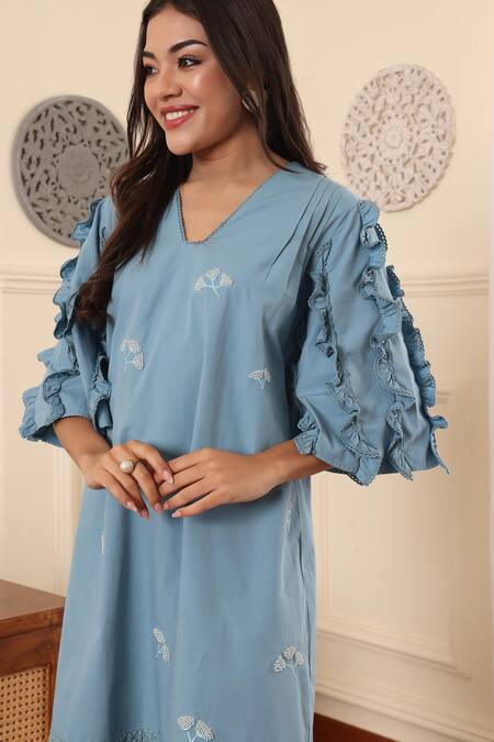Shop_Midori By Sgv_Blue Cotton, Silk Lace, Pearls Ruffled Bell Sleeve A-line Dress _Online_at_Aza_Fashions