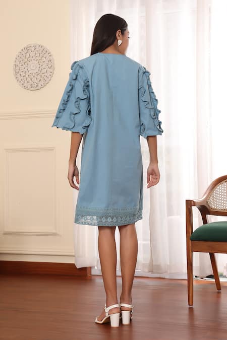 Midori By Sgv Blue Ruffled Bell Sleeve A-Line Dress 