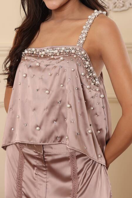 Buy_Midori By Sgv_Lilac Cotton, Silk, Chanderi Pearls, Sequins, Lace Embellished Top And Pant Set _Online_at_Aza_Fashions