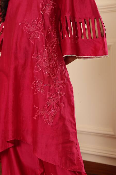 Shop_Midori By Sgv_Pink Cotton, Chanderi, Silk Embroidery Mandarin Hot Negative Spacing Kurta Set _Online_at_Aza_Fashions