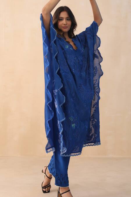 Midori By Sgv_Blue Chanderi, Silk Pearls, Sequins V-neck Embroidered V Kaftan Set _Online_at_Aza_Fashions