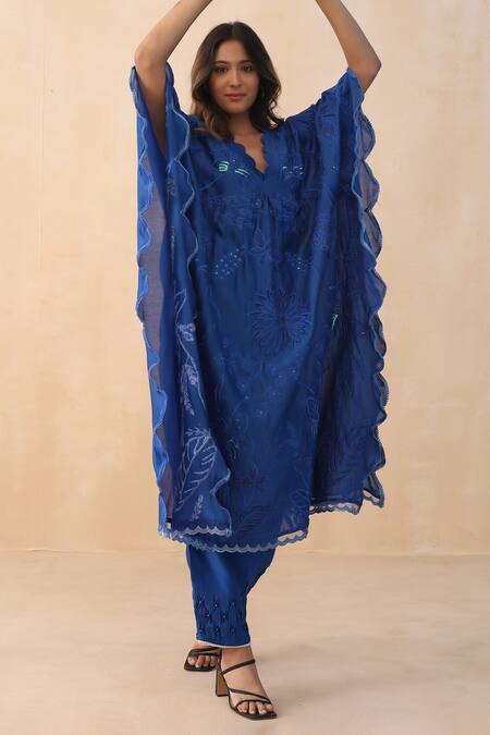 Buy_Midori By Sgv_Blue Chanderi, Silk Pearls, Sequins V-neck Embroidered V Kaftan Set _Online_at_Aza_Fashions