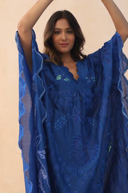 Shop_Midori By Sgv_Blue Chanderi, Silk Pearls, Sequins V-neck Embroidered V Kaftan Set _Online_at_Aza_Fashions