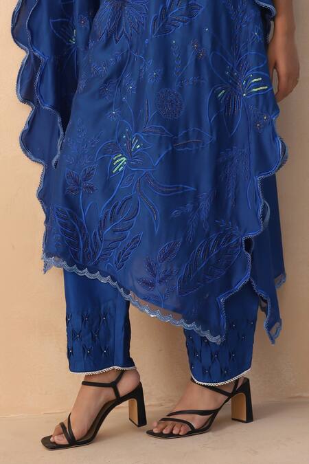 Midori By Sgv_Blue Chanderi, Silk Pearls, Sequins V-neck Embroidered V Kaftan Set _at_Aza_Fashions
