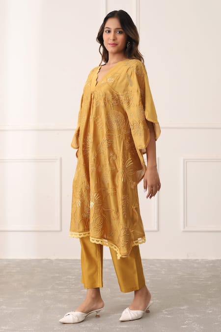 Midori By Sgv Embroidered Mustard Kaftan & Straight Pants 