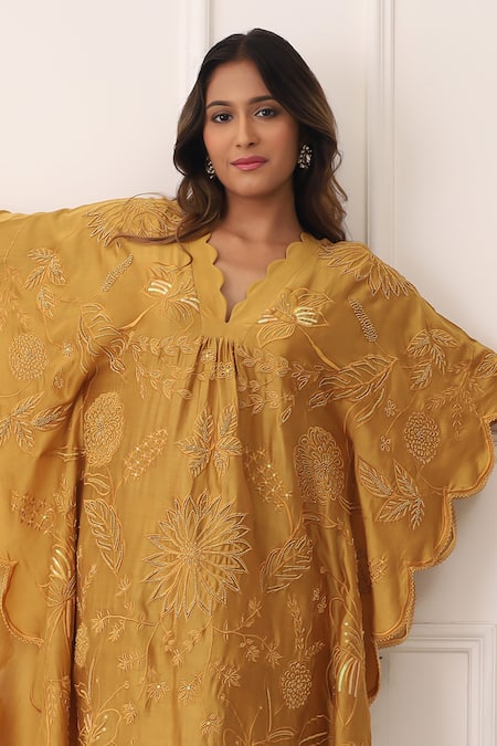 Midori By Sgv_Mustard Cotton, Chanderi, Silk Pearls, Embroidered Kaftan And Straight Pants _Online_at_Aza_Fashions